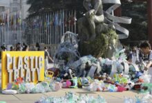 Artist drowns sculpture in plastic waste in front of the UN during ...