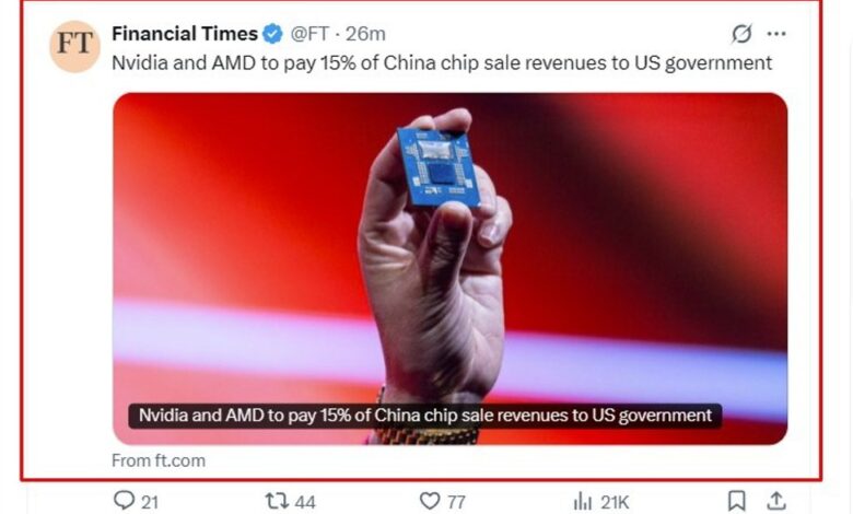 Nvidia, AMD to pay 15% of China chip sales revenue to US govt- FT ...